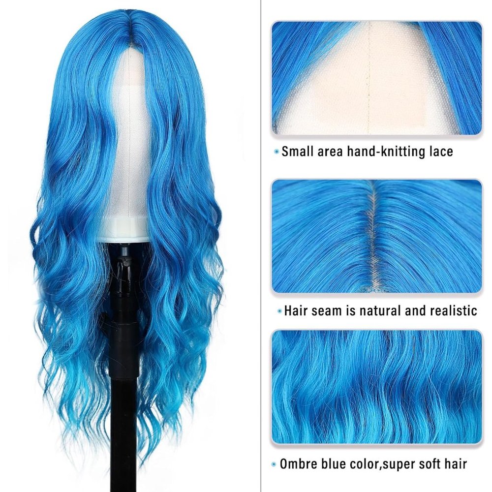 26 INCH Long Blue Wavy Middle Part Wig - Picture 4 of 5